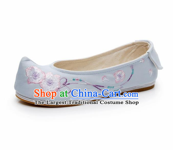 Chinese Ancient Traditional Embroidered Shoes Hanfu Embroidery Peach Flower Blue Cloth Shoes for Women