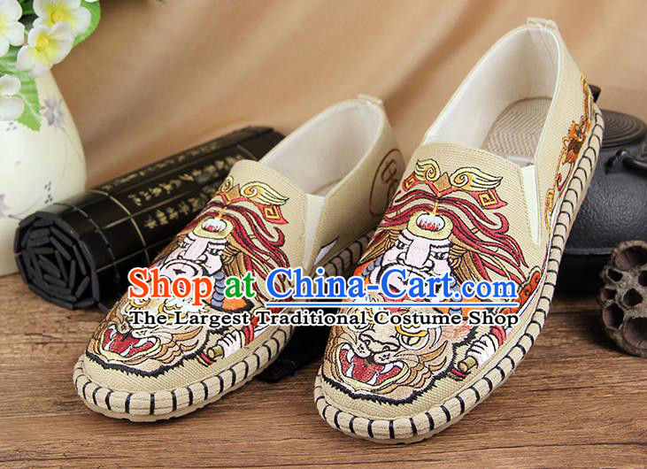 Chinese National Shoes Traditional Beige Cloth Shoes Embroidery Multi-layered Shoes for Men