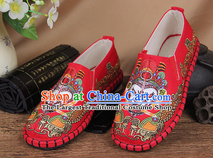 Chinese National Handmade Shoes Traditional Cloth Shoes Embroidery Monkey King Red Shoes for Women