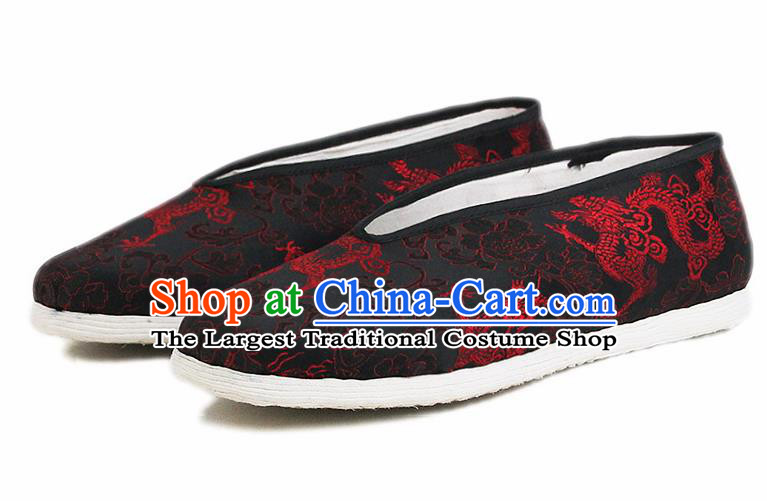Chinese National Shoes Traditional Embroidered Dragon Cloth Shoes Black Satin Shoes for Men