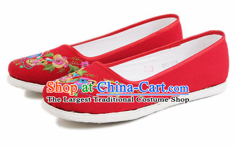 Chinese National Handmade Cloth Shoes Traditional Shoes Embroidered Mandarin Duck Red Shoes for Women