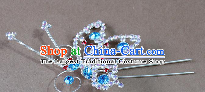 Chinese Traditional Peking Opera Diva Hair Accessories Ancient Princess Blue Crystal Butterfly Hairpins for Women
