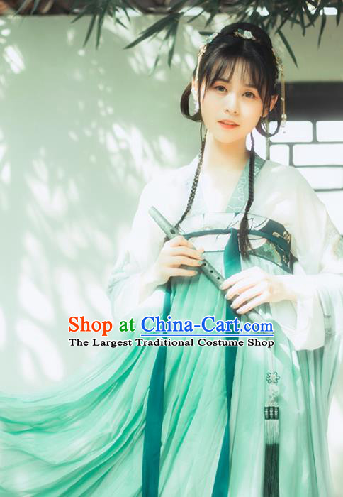 Chinese Ancient Tang Dynasty Palace Lady Green Hanfu Dress Traditional Embroidered Costumes for Women