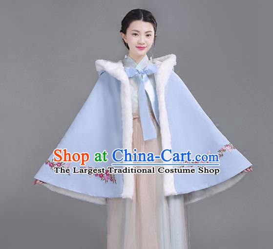 Chinese Traditional Costumes Ancient Hanfu Embroidered Blue Woolen Short Cloak for Women