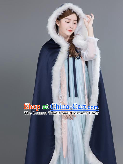 Chinese Traditional Costumes Ancient Princess Hanfu Navy Satin Cloak for Women