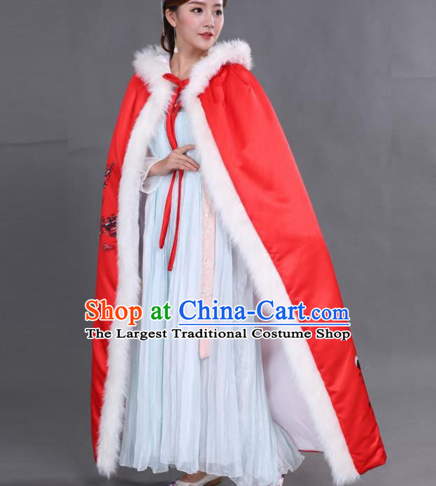 Chinese Traditional Costumes Ancient Princess Hanfu Thicken Red Brocade Cloak for Women