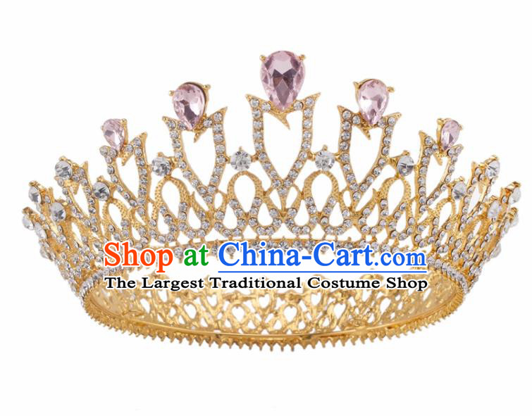 Top Grade Baroque Retro Wedding Hair Accessories Bride Pink Crystal Golden Royal Crown for Women