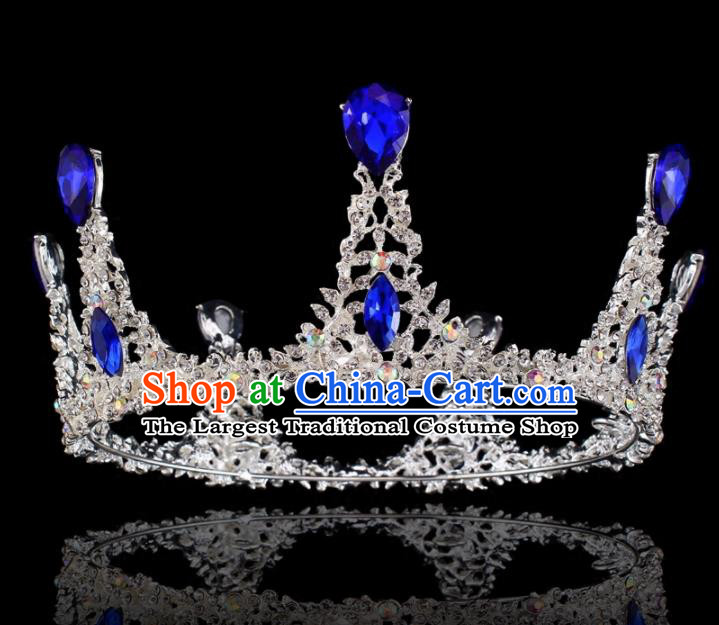 Top Grade Baroque Retro Round Royal Crown Bride Blue Crystal Wedding Hair Accessories for Women