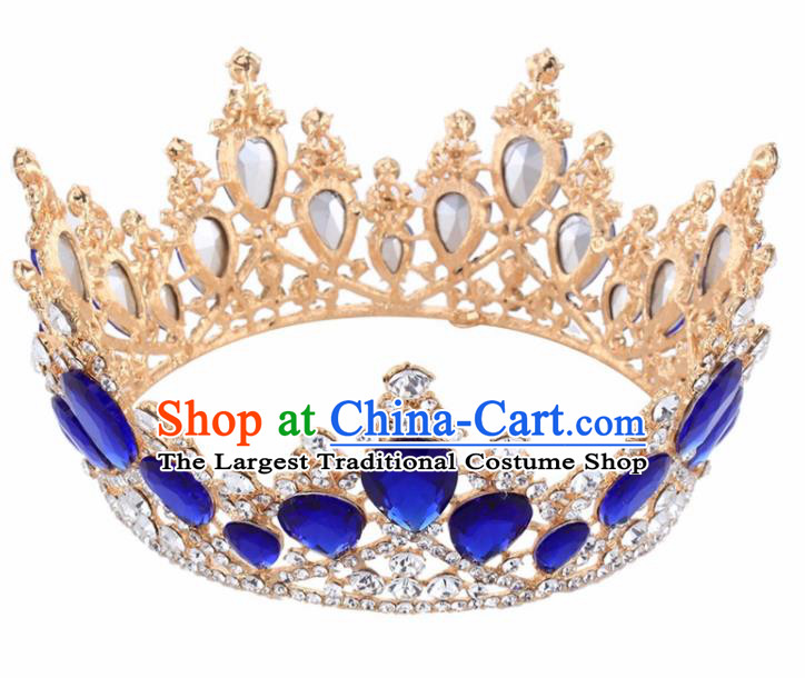 Top Grade Baroque Princess Retro Golden Round Royal Crown Bride Blue Crystal Wedding Hair Accessories for Women