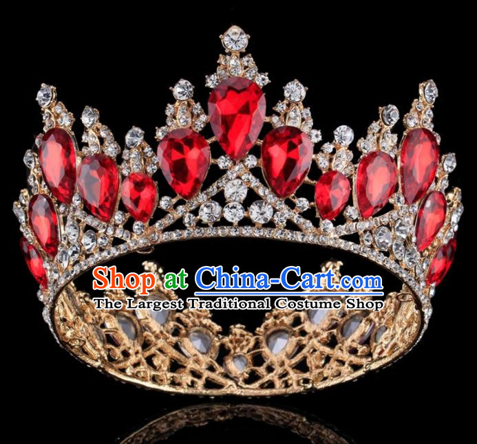 Top Grade Baroque Princess Retro Golden Round Royal Crown Bride Red Crystal Wedding Hair Accessories for Women