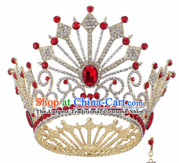 Top Grade Baroque Queen Red Crystal Golden Royal Crown Bride Retro Wedding Hair Accessories for Women