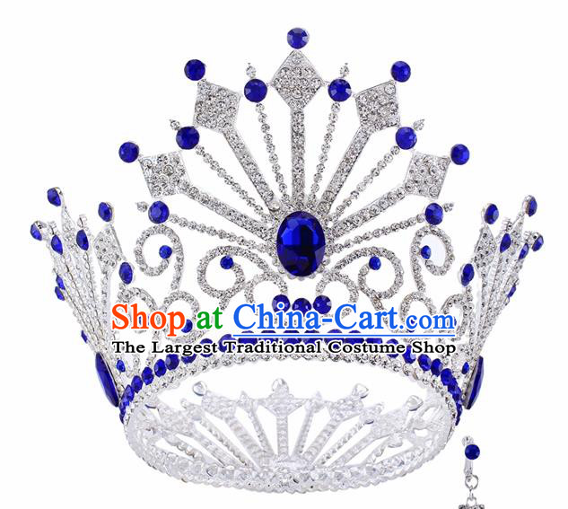 Top Grade Baroque Queen Blue Crystal Argent Royal Crown Bride Retro Wedding Hair Accessories for Women