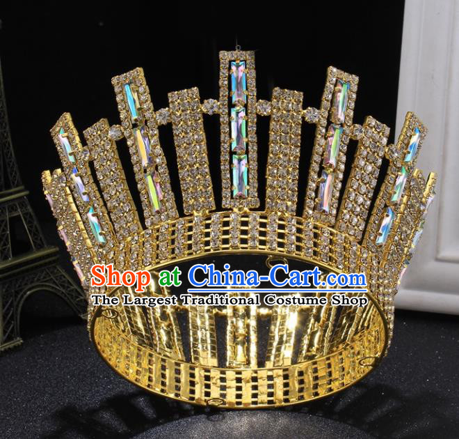 Top Grade Handmade Wedding Crystal Golden Round Royal Crown Baroque Retro Hair Accessories for Women
