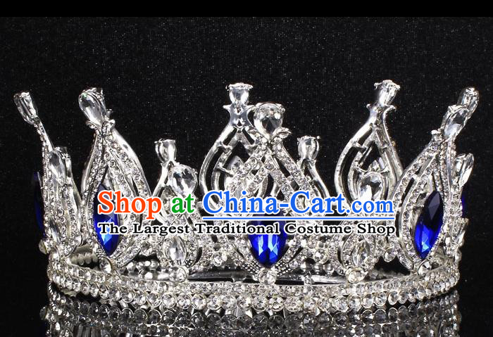 Top Grade Blue Crystal Royal Crown Baroque Princess Retro Wedding Bride Hair Accessories for Women