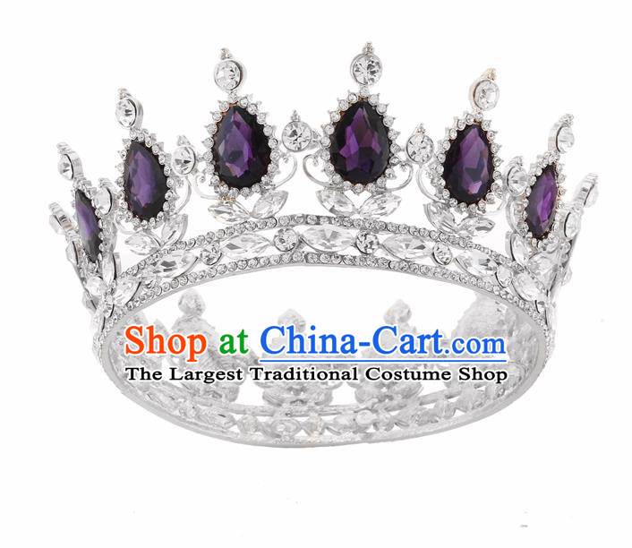 Top Grade Queen Retro Purple Rhinestone Royal Crown Baroque Wedding Bride Hair Accessories for Women