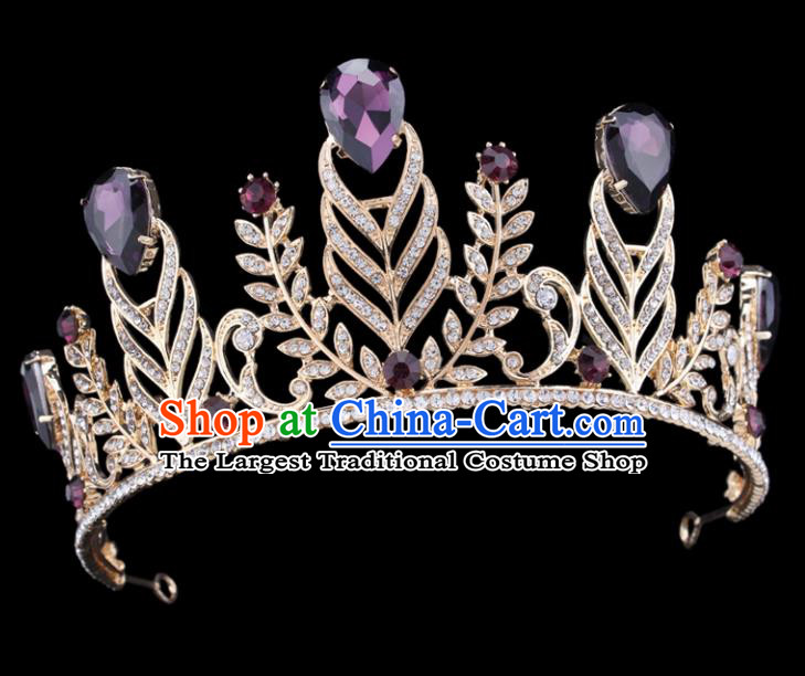 Handmade Top Grade Wedding Purple Crystal Royal Crown Baroque Princess Retro Hair Accessories for Women