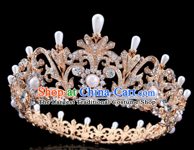 Top Grade Handmade Wedding Crystal Pearls Golden Royal Crown Baroque Retro Hair Accessories for Women