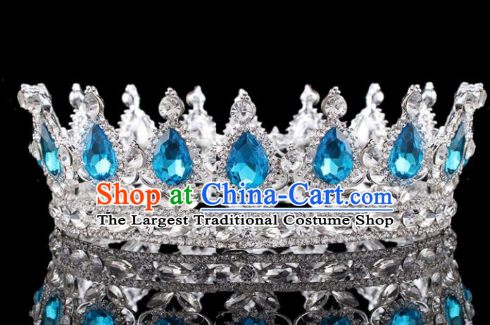 Top Grade Baroque Court Queen Blue Crystal Royal Crown Retro Wedding Bride Hair Accessories for Women