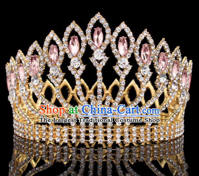 Top Grade Baroque Court Queen Pink Crystal Royal Crown Wedding Bride Hair Accessories for Women