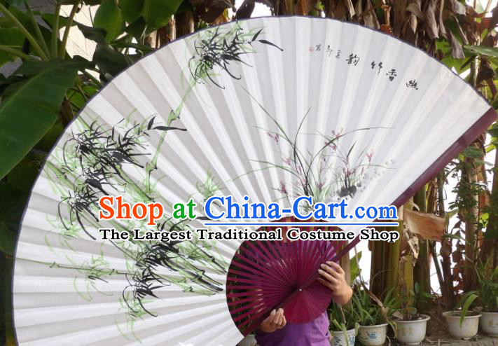 Chinese Traditional Paper Fans Decoration Crafts Painting Orchid Bamboo Red Frame Folding Fans