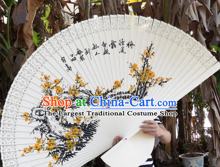Chinese Traditional Wood Fans Decoration Crafts Handmade Printing Yellow Plum Blossom Folding Fans
