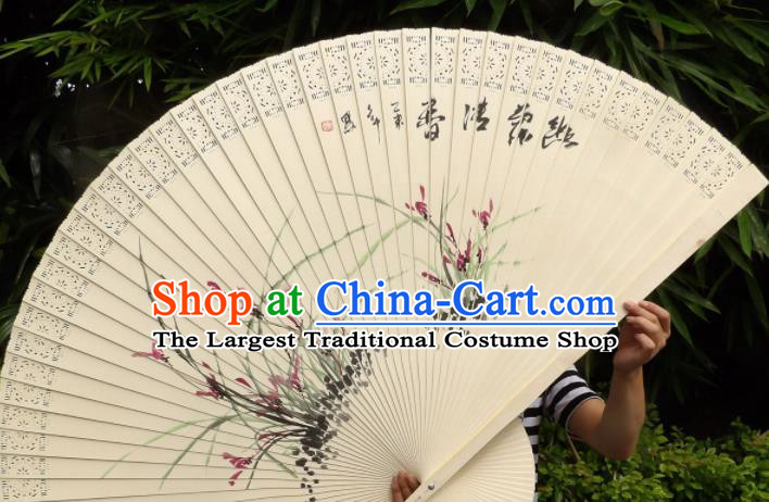 Chinese Traditional Wood Fans Decoration Crafts Handmade Printing Orchid Folding Fans