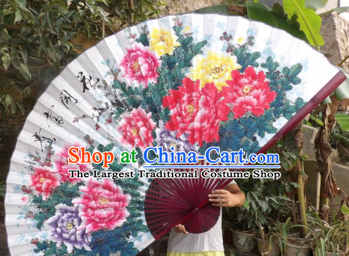 Chinese Traditional Fans Decoration Crafts Red Frame Hand Painting Peony Flowers Folding Fans Paper Fans