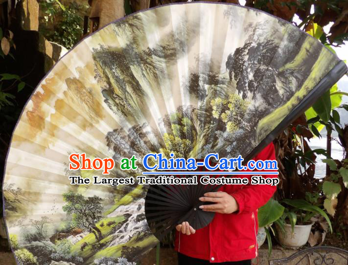 Chinese Traditional Fans Decoration Crafts Hand Ink Painting Landscape Black Frame Folding Fans Paper Fans