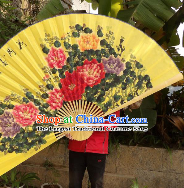 Chinese Traditional Handmade Yellow Paper Fans Decoration Crafts Ink Painting Peony Folding Fans