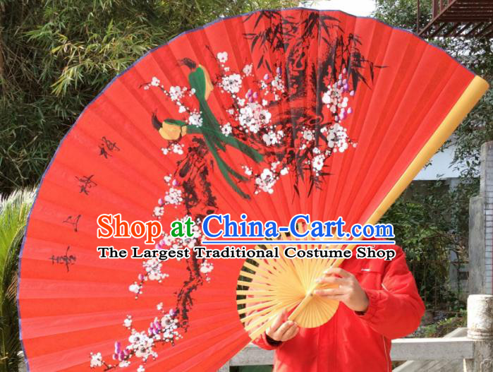Chinese Traditional Handmade Red Silk Fans Decoration Crafts Painting Plum Blossom Wood Frame Folding Fans