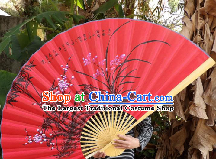 Chinese Traditional Handmade Red Silk Fans Decoration Crafts Ink Painting Orchids Folding Fans