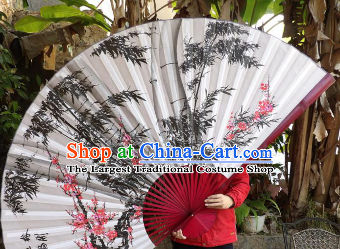 Chinese Traditional Handmade Silk Fans Decoration Crafts Ink Painting Plum Blossom Bamboo Red Frame Folding Fans