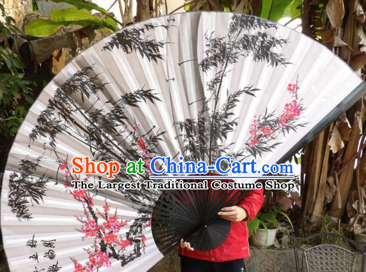 Chinese Traditional Handmade Silk Fans Decoration Crafts Ink Painting Plum Blossom Bamboo Black Frame Folding Fans