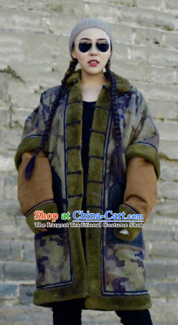 Chinese Traditional Mongol Ethnic Costume Mongolian Minority Nationality Camouflage Coat for Women
