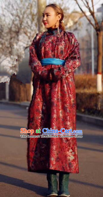 Chinese Traditional Mongol Ethnic Female Costume Mongolian Minority Nationality Red Robe for Women