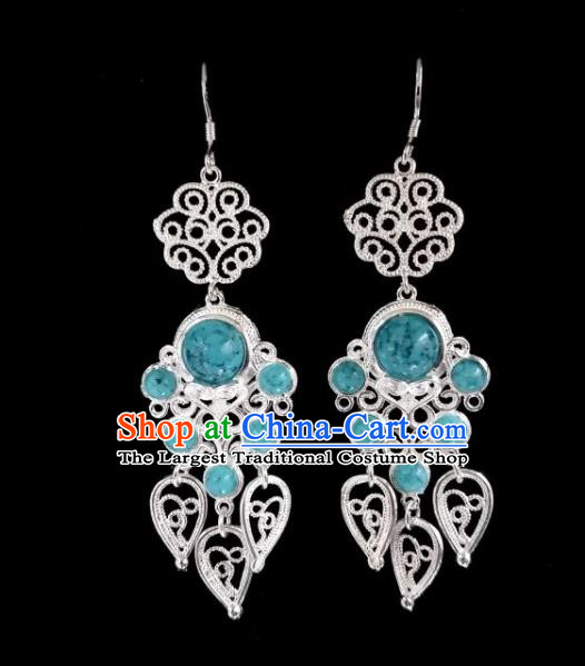 Chinese Ethnic Jewelry Accessories Mongolian Minority Nationality Blue Beads Earrings for Women
