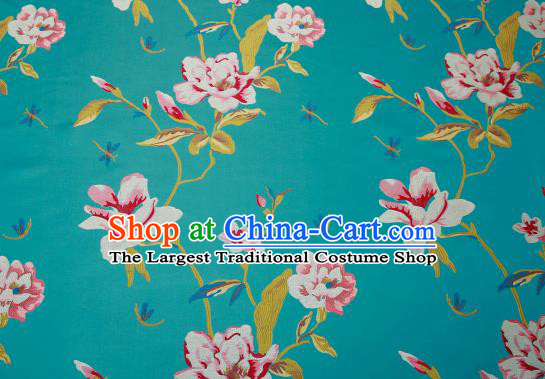 Traditional Chinese Lake Blue Satin Brocade Drapery Classical Embroidery Peony Pattern Design Cushion Silk Fabric Material