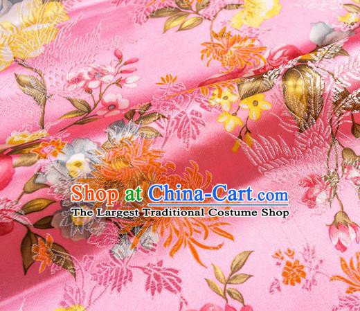 Traditional Chinese Classical Pink Satin Brocade Drapery Chrysanthemum Peony Pattern Design Qipao Dress Silk Fabric Material