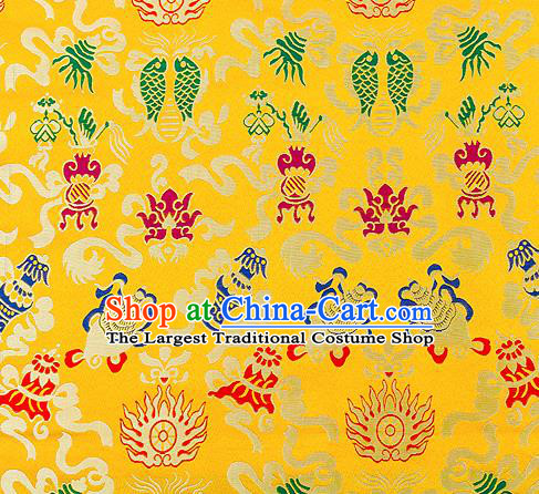 Traditional Chinese Yellow Nanjing Brocade Drapery Classical Fishes Pattern Design Satin Qipao Dress Silk Fabric Material