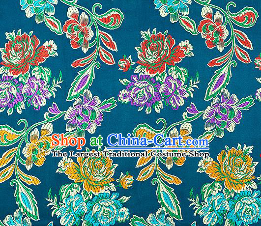 Traditional Chinese Tang Suit Silk Fabric Lake Blue Brocade Material Classical Peony Pattern Design Satin Drapery