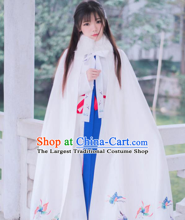 Chinese Ancient Ming Dynasty Princess Winter Costume Embroidered Butterfly White Cloak for Women