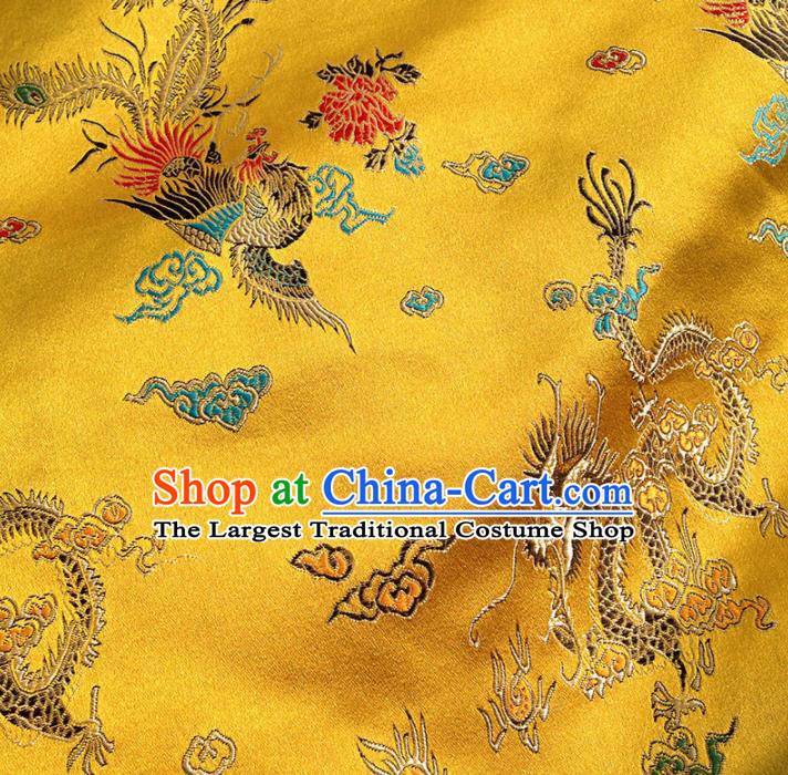 Asian Chinese Traditional Fabric Yellow Satin Brocade Silk Material Classical Dragon Phoenix Pattern Design Satin Drapery