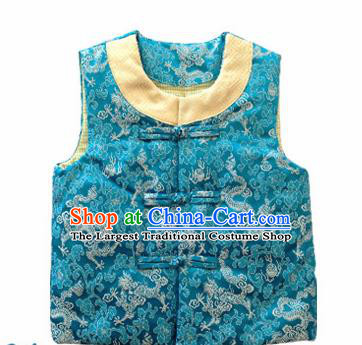 Chinese Classical Blue Brocade Vest Traditional Baby Embroidered Cotton-Padded Waistcoat for Kids