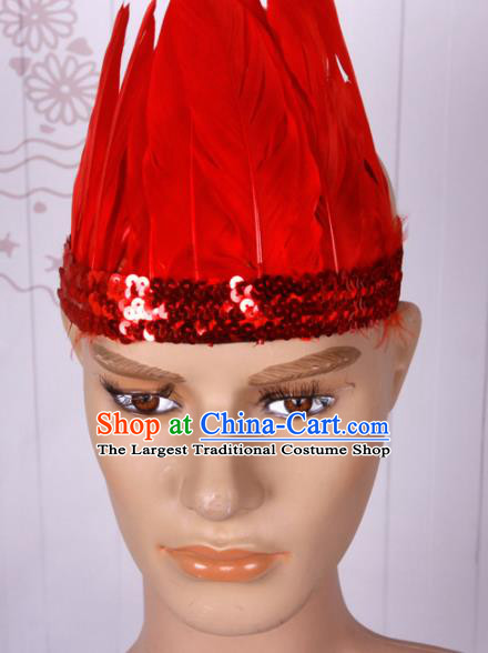 Halloween Catwalks Red Feather Hair Accessories Cosplay Primitive Tribe Feather Hat for Adults