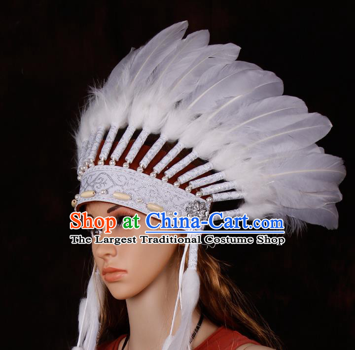 Halloween Catwalks Apache Chief White Feather Headdress Cosplay Thanksgiving Day Primitive Tribe Feather Hat for Adults