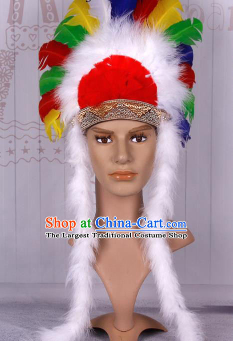 Halloween Catwalks Apache Chief Colorful Feather Headdress Cosplay Thanksgiving Day Primitive Tribe Feather Hat for Adults