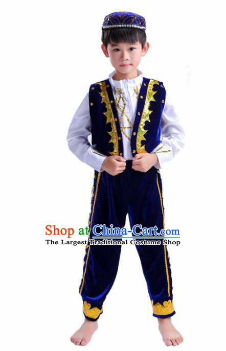 Chinese Traditional Uigurian Ethnic Costumes Uyghur Nationality Boy Folk Dance Royalblue Clothing for Kids