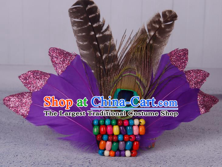 Halloween Catwalks Purple Feather Hair Accessories Cosplay Primitive Tribe Feather Hair Clasp for Kids