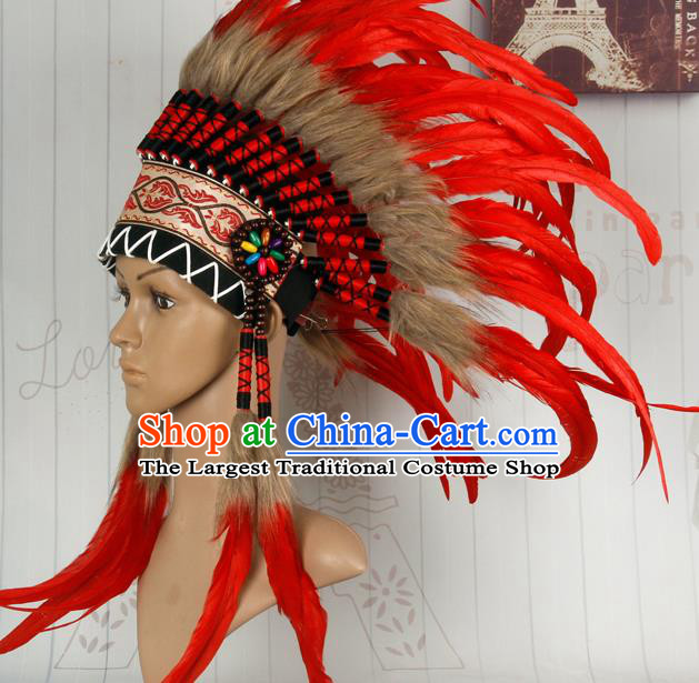 Halloween Performance Catwalks Headwear Cosplay Apache Knight Hair Accessories Red Feather Hat for Adults
