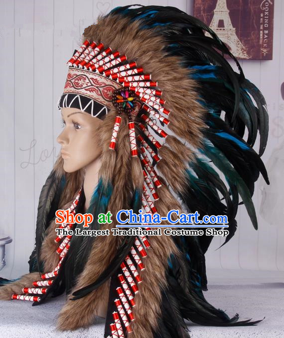 Halloween Performance Catwalks Headwear Cosplay Apache Knight Hair Accessories Deluxe Blue Feather Hat for Adults
